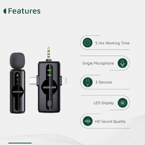 میکروفون یقه ای بی سیم تک کاربره گرین لاین مدل GM 79X رابط Type-C و Lightning و جک 3.5 میلی متری